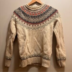 Vtg L.L.Bean Womens XS Cream Colorful Fair Isle Nordic Sweater 100% Wool